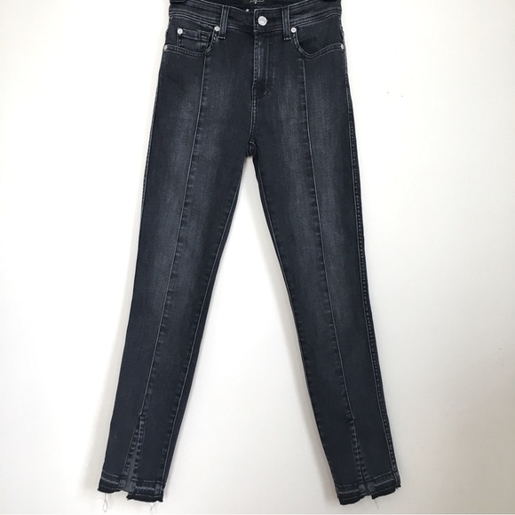 7 For All Mankind The Abby Black High Rise Front Seam Split Raw Hem Skinny Jeans - Picture 1 of 16